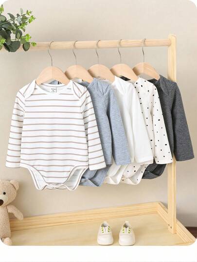 5pcs/Set Newborn Baby Boy/Girl Soft Knit Polka Dot & Stripe Pattern Lap Shoulder Long Sleeve Bodysuits, Multi-Color, All Season