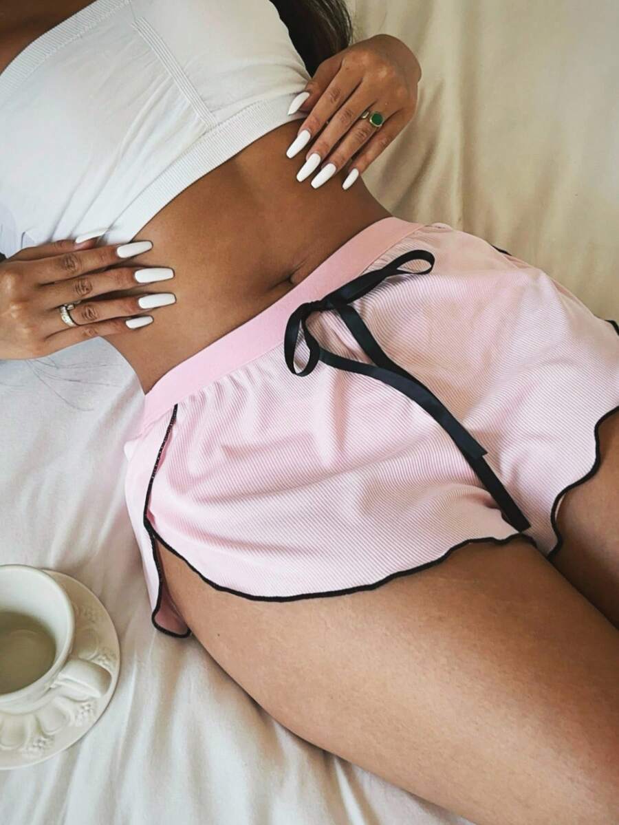 Lowkey Lull 女士撞色饰边系带开衩时尚舒适百搭睡裤 - 藕粉色 - 查看 1