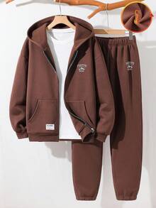 SHEIN 青少年男孩棕色寬鬆連帽衫與運動長褲2件套，返校秋季街頭風，極簡圖案休閒畢業慢跑運動套裝 - 棕色 - 查看 2