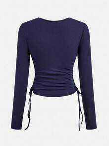 Girlism Teen Girls' Navy Textured Round Neck Side Ruched Drawstring Fitted T-Shirt Fall Winter - Navy Blue - View 2