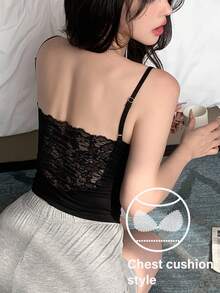 DAZY Women's Lace Patchwork Built-In Padded Bra Backless Camisole Top,Back To School Clothes - Black - View 1