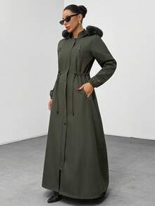 Khaki Long Hooded Parka With Faux Fur Trim - Khaki - View 3