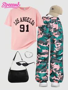 2pcs/Set Teenage Girls Retro American Style Leopard Print T-Shirt And Pants Set - Pink - View 1