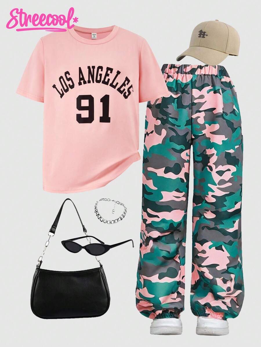 2pcs/Set Teenage Girls Retro American Style Leopard Print T-Shirt And Pants Set - Pink - View 1