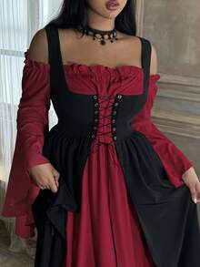 Lyrianda Plus Size Women Off Shoulder Long Sleeve Flare Sleeve Ruffle Elegant Vintage Cute Halloween Party Casual Holiday Colorblock Dress