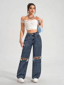 SHEIN PETITE 女式高腰口袋破洞阔腿宽松休闲牛仔裤 - 藍色 - 查看 4