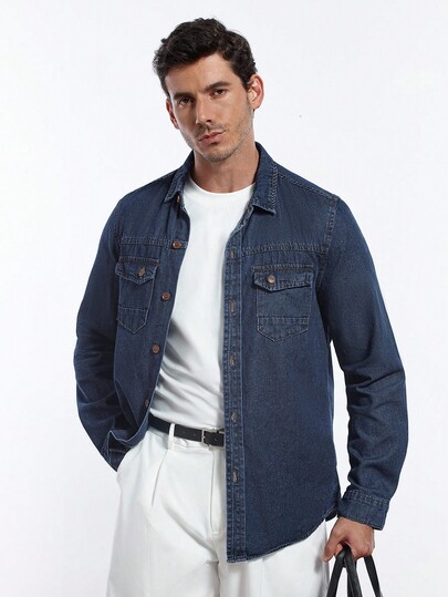 Aalyst Camisa de mezclilla de manga larga con bolsillo reversible para hombre, botones de jean de algodón liso en color azul oscuro, básica de trabajo para marido