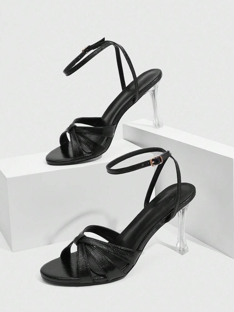 CUCCOO SZL Black PU Glass Heel Round Toe Strap Fashionable Sexy Elegant High Heel Sandals