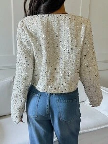 SHEIN Frenchy 女款優雅米色秋季粗花呢亮片夾克，法式休閒長袖閃亮派對生日外套，蝴蝶結裝飾，老錢風冬季上衣 - 杏色 - 查看 6