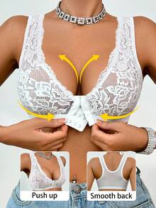 1pc Lace Contrast Mesh Front Closure Wireless Bra For Women - White - View 6