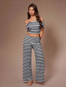 Lazeform Casual Women Ribbed Off-Shoulder Twist Back Pajama Set Women Two Pieces Set Casual Two Pieces Set Co Ord Set Women 2 Pieces Set