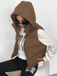 SHEIN Sparklyn 青少年女孩休闲百搭百搭日常保暖秋冬短款连帽棉衣背心 - 棕色 - 查看 4