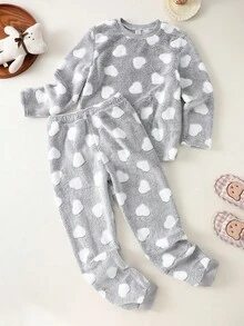 2 件套女孩心形羊毛长袖上衣和裤子套装，舒适时尚休闲风格，冬季 - 灰色 - 查看 1