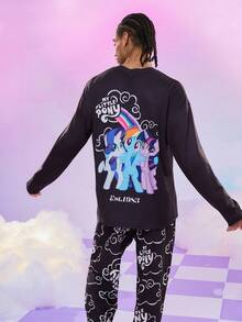 My Little Pony X SHEIN Men's Casual Cute Cartoon Unicorn & Letter Graphic Long Sleeve Top And Pants Loose Pajama Set, Spring/Autumn Y2k Long Sleeve Men Rave Outfits For Men