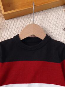 SHEIN Suéter casual de cuello redondo de manga larga a rayas para niño preadolescente, otoño/invierno - Rojo - Ver 3