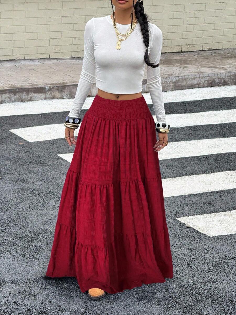 MainGRL Women's Wine Red Pleated Waist Ruffle Hem A-Line Skirt Red Maxi Skirt Burgundy Skirt Modest Skirts Red Long Skirt - Burgundy - View 1