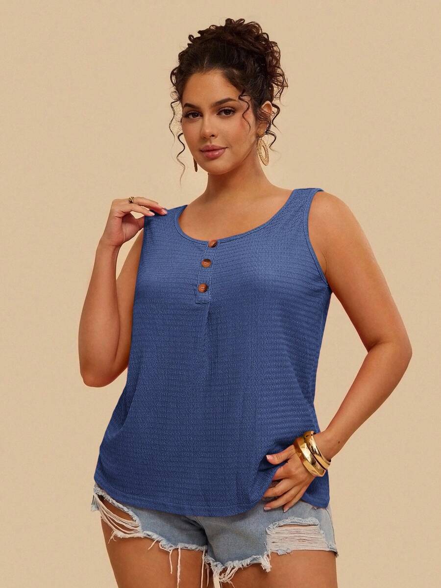 SHEIN VCAY Camiseta de tirantes de unicolor informal de talla grande, verano - Azul - Ver 1