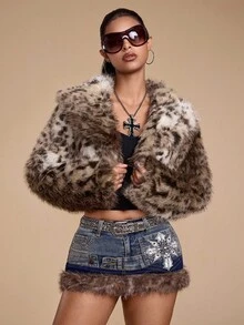 ROMWE Grunge Punk Áo khoác lông giả cắt cúp Y2K họa tiết da báo - Nhiều màu - Xem 1