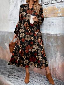 EMERY ROSE Women's Casual Maple Leaf Print Long Sleeve Mid-Length Dress, Suitable For Autumn/Winter Boho Dress Women Flower Print Dress Autumn Dress Fall Clothes For Women - Multicolor - View 5