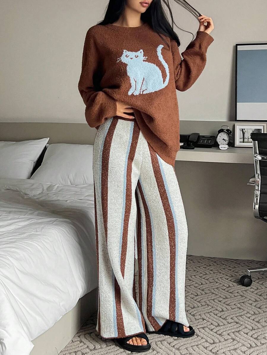 DAZY 2pcs Women Cat & Striped Pattern Loose Long Sleeve Knit Pajama Set, Autumn/Winter, Fall Clothes - Brown - View 1