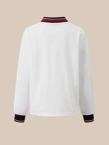 SHEIN Explorewe Tween Boy Casual Sports Preppy-Style Long-Sleeve Polo Shirt With Half-Open Collar And Horse Pattern Embroidery, Full-Match Comfort Design. Suitable For Outdoor Activities, School, Vacations, Gatherings, Home Wear, Spring, Summer, Short Trips, Holidays, Leisure Time, Sunbathing – 2025 Back-To-School Preppy And Campus Sports Attire. Fall Winter - White - View 2