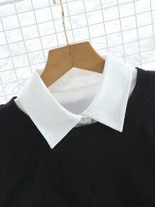 女士度假休闲舒适优雅纹理针织背心搭配长袖开衫连衣裙两件套，适合日常穿着 - 黑色 - 查看 3