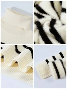 Franclia 新款秋冬女式高领修身条纹拼接保暖内衬套头衫 - 杏色 - 查看 5