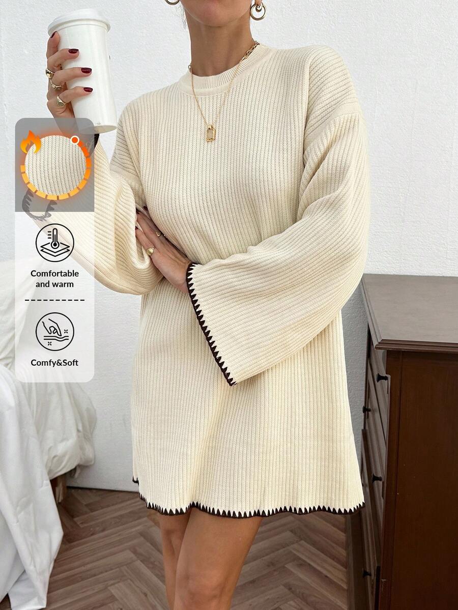 EURMUSE Pullover Beige Long Sweater With Hem And Sleeve Detail - Beige - View 1