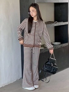 DAZY 少女复古条纹卫衣套装，时尚街头休闲装，秋季连帽衫 - 咖啡棕 - 查看 7