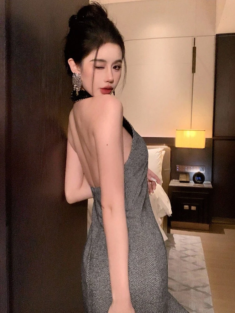 Sequin Collar Halter Backless Bodycon Elegant Vintage Party Mini Dress For Women, Autumn/Winter Prom Dress,New Year,Christmas Sexy Dress Carnival
