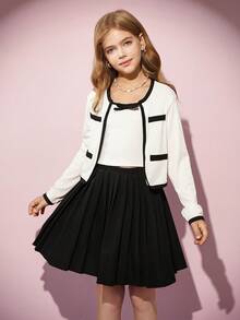 SHEIN 3 件套女童优雅罗纹针织开衫、可爱吊带背心和百搭百褶迷你裙套装，休闲、外出和聚会，春秋季 - 白色 - 查看 4