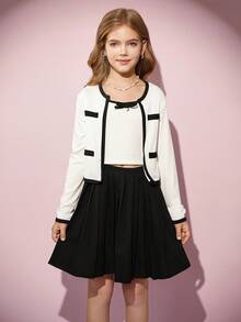 SHEIN 3 件套女童优雅罗纹针织开衫、可爱吊带背心和百搭百褶迷你裙套装，休闲、外出和聚会，春秋季 - 白色 - 查看 5