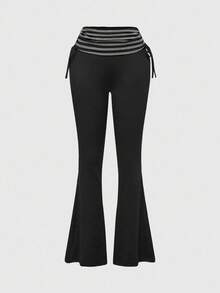 ROMWE Grunge Punk Y2K Retro Striped Camisole Top And Ultra Low-Rise Striped Flared Leg Pants 2 Pieces Set For Women - Black - View 5