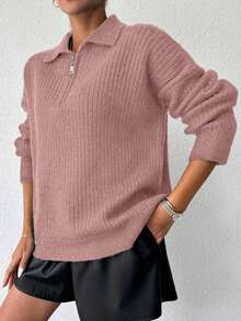 EURMUSE Áo len dài tay màu trơn trễ vai cho nữ có khóa kéo thường ngày - Bụi hồng - Xem 5