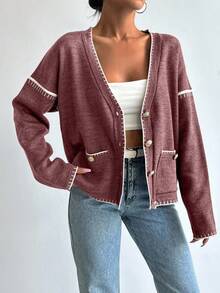 EURMUSE Women Solid Color Deep V-Neck Handmade Stitch Detailed Cardigan - Dusty Pink - View 4