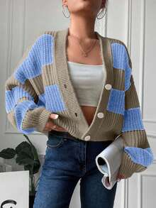 EURMUSE 女式条纹落肩单排扣休闲宽松开衫