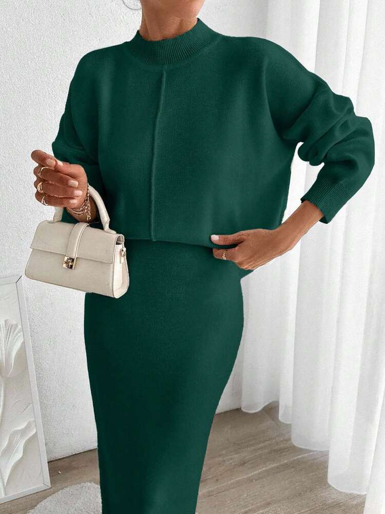 Women's Solid Color Stand Collar Drop Shoulder Long Sleeve Sweater And Knitted Midi Skirt Casual Suit - Dark Green - View 3