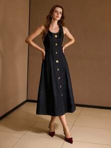 MOTF SCOOP NECK METAL DETAIL FLARE HEM DENIM DRESS - Dusty Blue - View 6