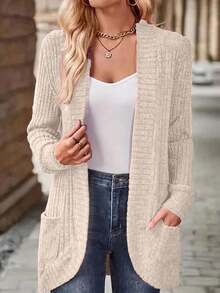 EMERY ROSE Women's Solid Color Long Sleeve Ribbed Pocket Design Casual Regular Jacket, Autumn - Apricot - View 7