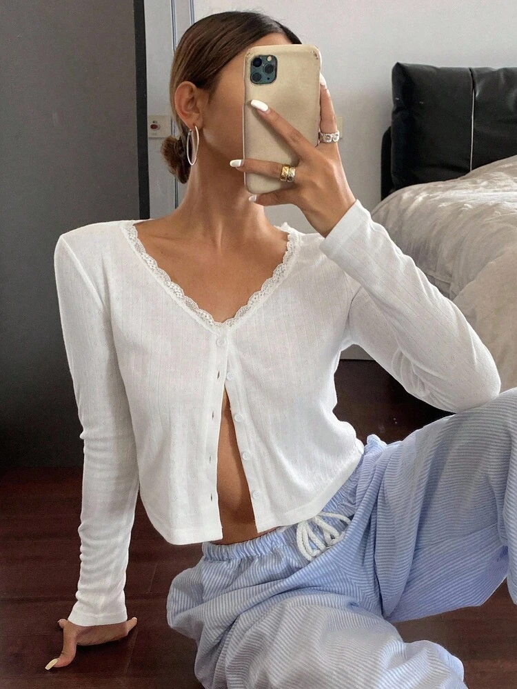 Women V-Neck Button Front Lace Panel Fitted Long Sleeve Cardigan T-Shirt,Fall Women Clothes