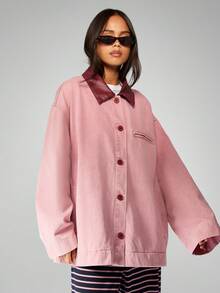 MISSGUIDED Oversized Barn Jacket Retro Style Denim Jacket Button Front Cotton Canvas Workwear Fall Winter Outerwear With Burgundy Leather Collar - Multicolor - View 7