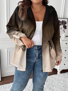Ombre Print Drawstring Waist Loose Jacket - Khaki - View 5