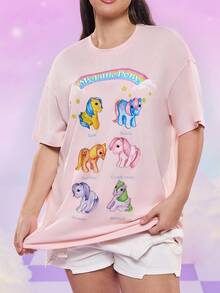 My Little Pony X SHEIN Plus Size Cute Horse Print Round Neck Short Sleeve T-Shirt, Summer Kawaii Shirt Cute T Shirts Horse Shirt