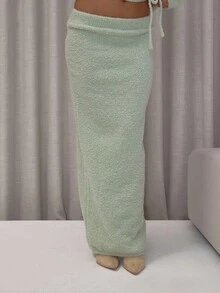 MUSERA Fitted Fluffy Knit Drawstring Waist Maxi Skirt Only Cute Classy Sexy Streetwear Fall Autumn Night Out Winter  Elegant Evening  Party New Year - Mint Green - View 2