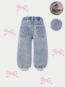 Baby Girls' Light Blue Washed Denim Jeans,Autumn Back-To-School Thin Fleece Pants - Light Wash - View 1