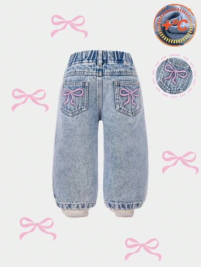 女宝宝水洗牛仔裤蓝色基本款简约口袋设计可爱蝴蝶结刺绣装饰宽松直筒休闲百搭舒适休闲时尚街头时尚柔软日常穿着新款薄款羊毛牛仔裤