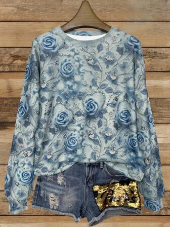 EMERY ROSE 3D Printed Pearl Blue Rose Pattern Knit Effect Casual Crew Neck Long Sleeve Women Sweatshirt, Versatile & Fashionable For All Seasons
