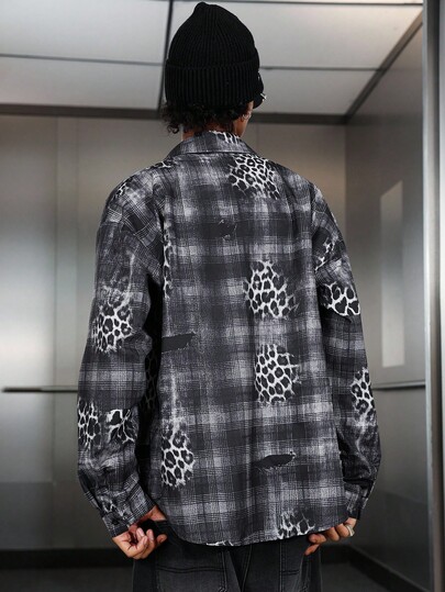 Grunge Punk Men's Leopard Plaid Long Sleeve Single-Breasted Casual Shirt, Fall