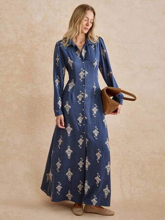 Écloséra 女式复古满版印花长袖连衣裙