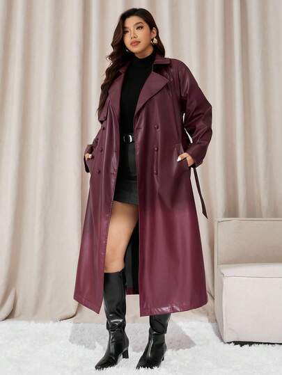 Auralis Plus Size Women's Autumn And Winter Fashion Casual Loose Comfortable Daily PU Leather Wine Red Mid-Length Windbreaker Jacket With Belt, Fall Outfits, Winter Red Coats,Y2K Clothes, Street Wear